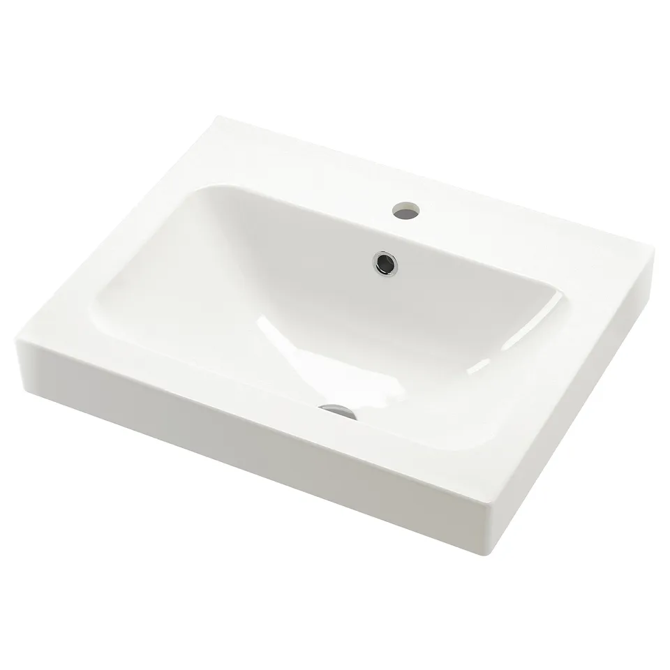 White ORRSJÖN sink, deep ceramic bowl, clean lines, softly curved edges.