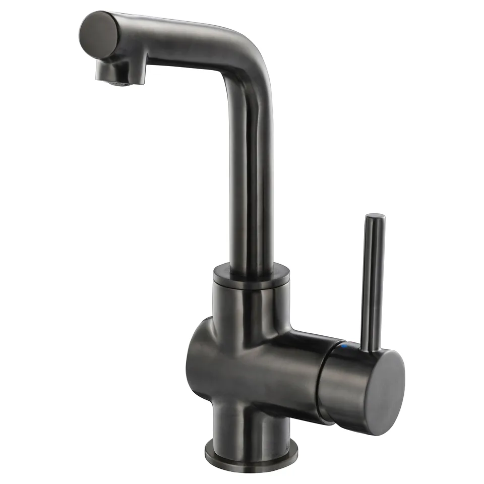 A black LUNDSKÄR bathroom tap. Its sleek, modern design includes a curved spout and a single handle for controlling water flow.