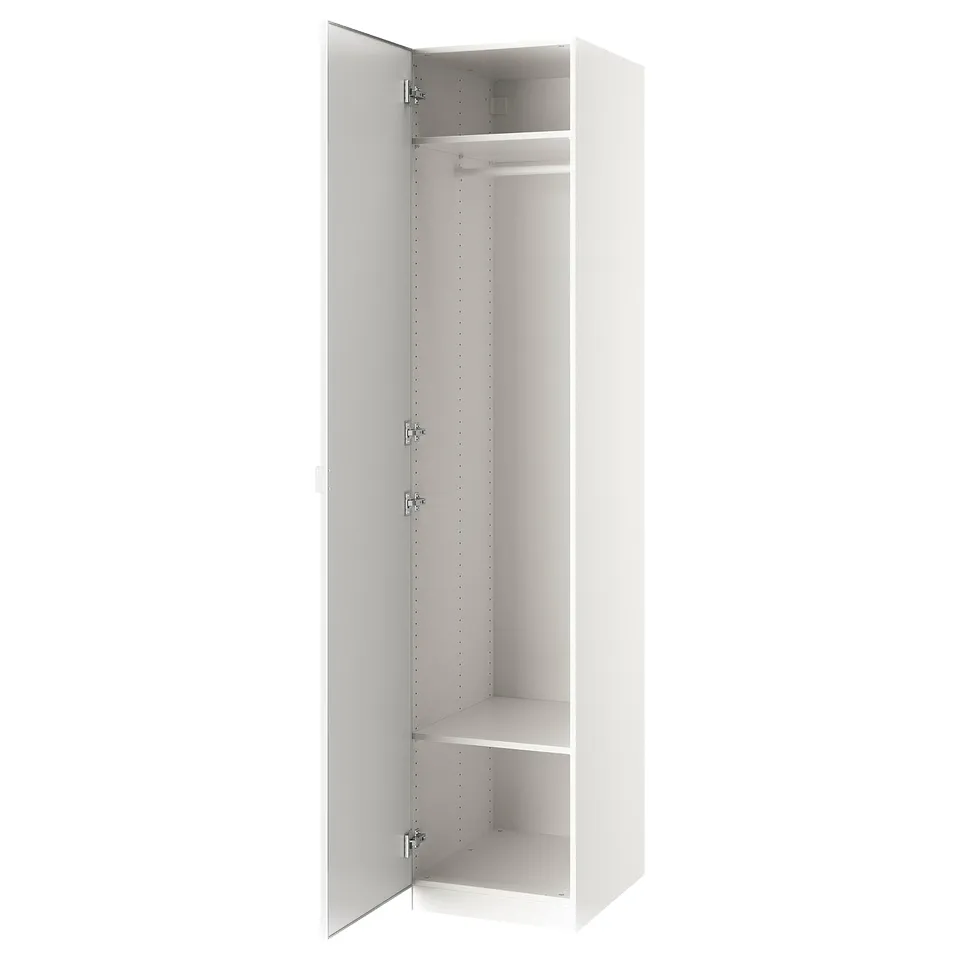 This image shows a white ikea PAX wardrobe with one open door, revealing inner shelves and a clothes rod.