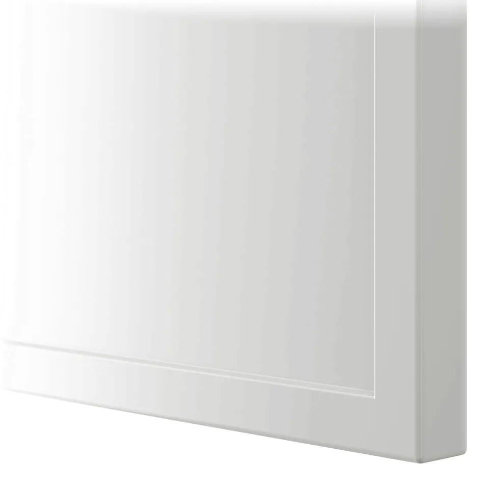 Close-up of a pristine white cabinet corner. Shows smooth, seamless finish and quality construction.