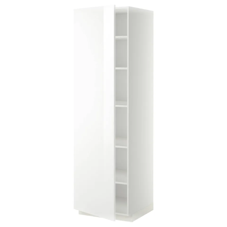 White METOD kitchen cabinet with glossy doors and adjustable shelves.
