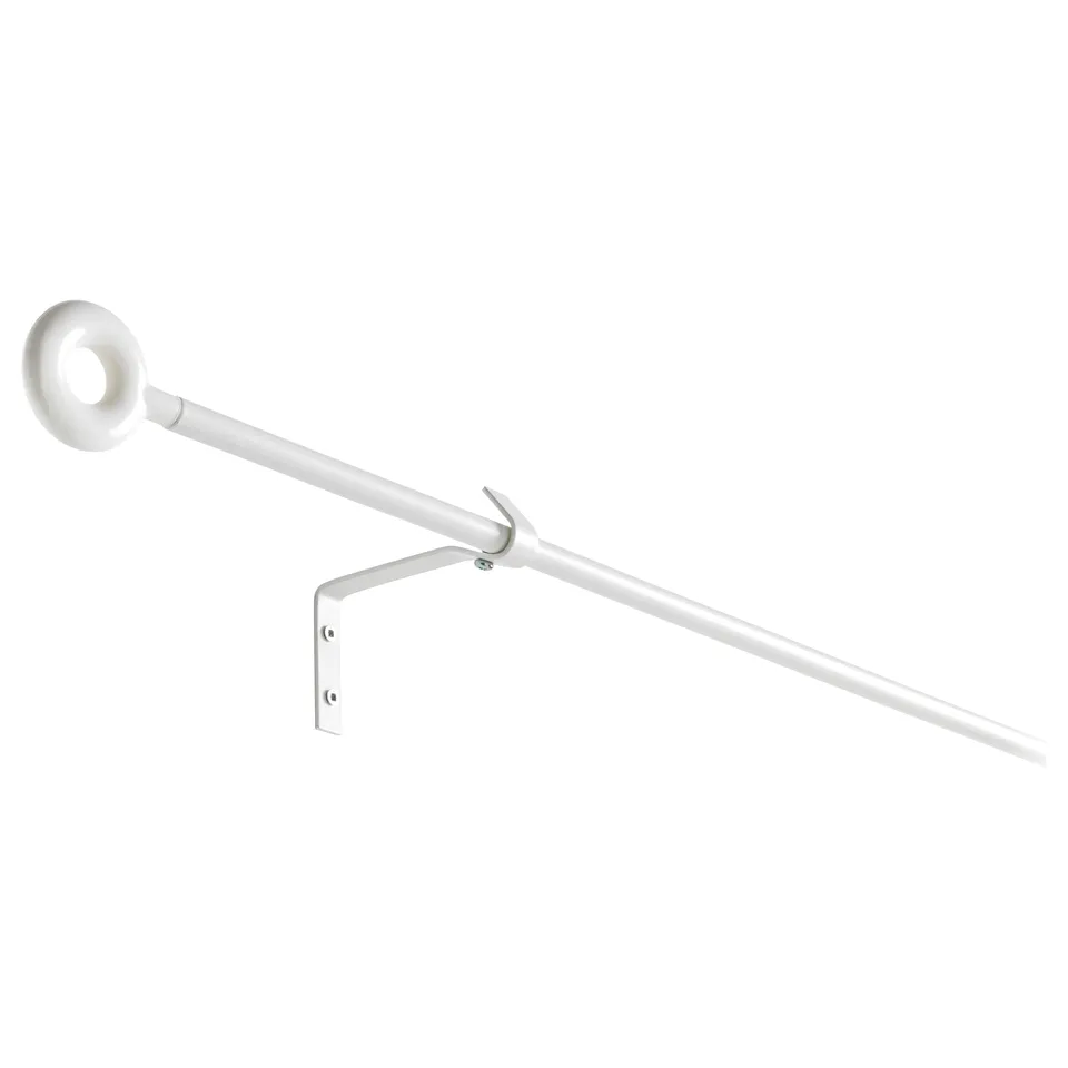 IRJA white curtain rod kit. Steel rod & brackets, plastic finials. Sleek, modern design.