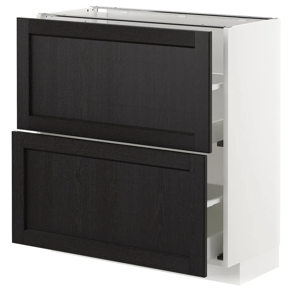 Modern black and white kitchen cabinet with drawers.
