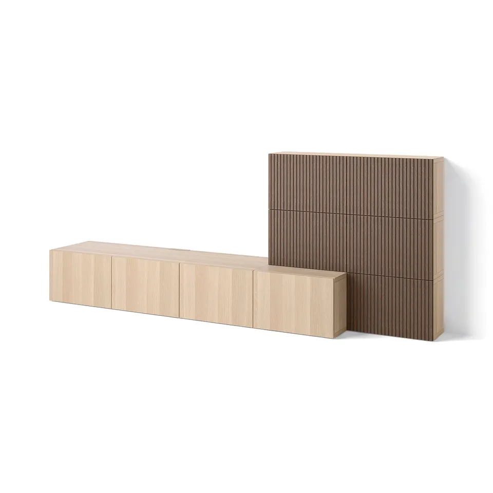 BESTÅ Media storage combination, white stained oak effect Lappviken/Björköviken brown, 300x42x114 cm