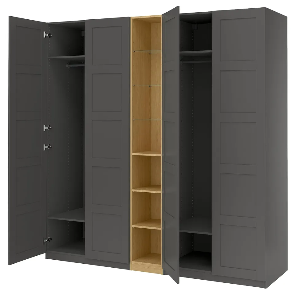 PAX / BERGSBO Wardrobe combination, dark grey dark grey/oak effect, 235x60x201 cm