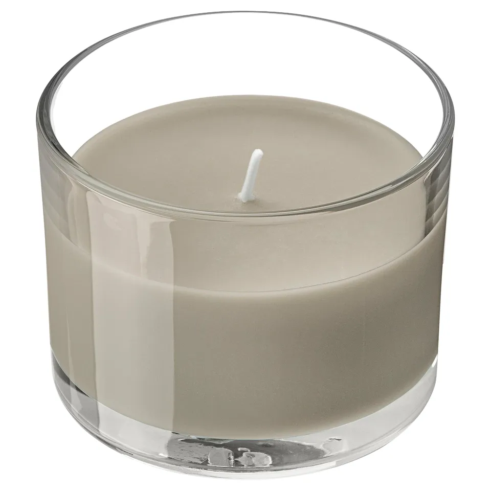 LOTSFÅGEL Scented candle in glass, Sandalwood & patchouli brown, 20 hr