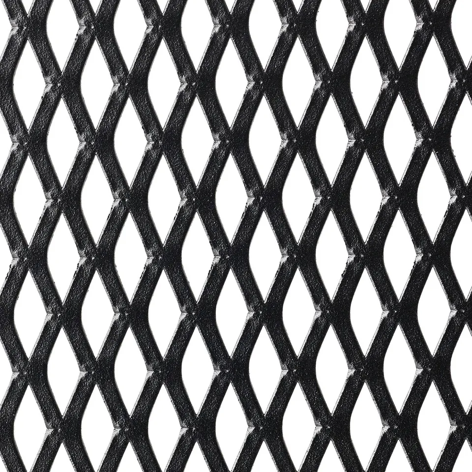 Close-up of black metal mesh with intricate diamond pattern, showcasing quality texture and design.