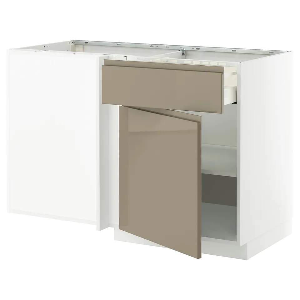 METOD kitchen unit with dark grey-brown, handle-less voxtorp drawers.