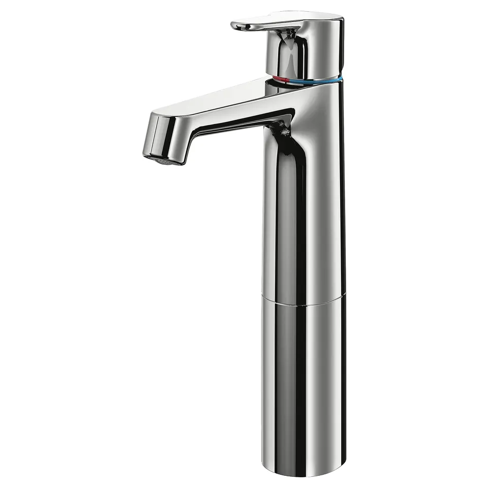 A chrome-plated, tall, modern tap named BROGRUND with a sleek design. It a single lever for water control.