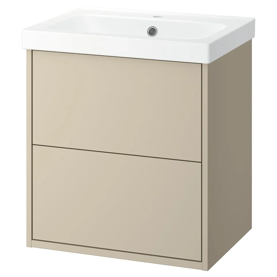 HAVBÄCK beige bathroom cabinet with white sink, two drawers.