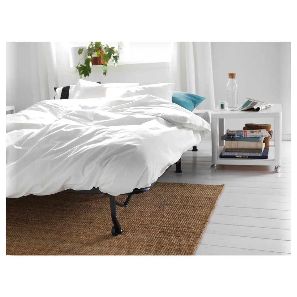 Sofa-bed, white curtains, brown rug, blue pillow, books, water bottle.