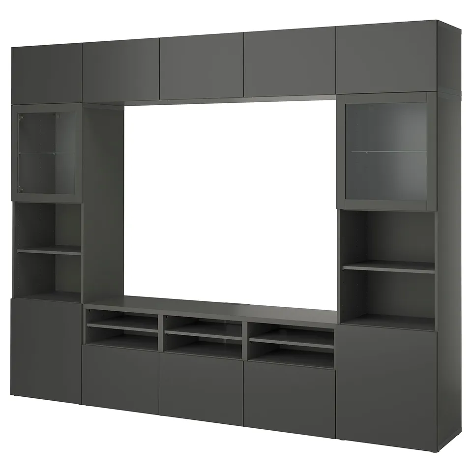 Modern dark grey BESTÅ tv unit with multiple shelves and cabinets for organised storage and cable management.