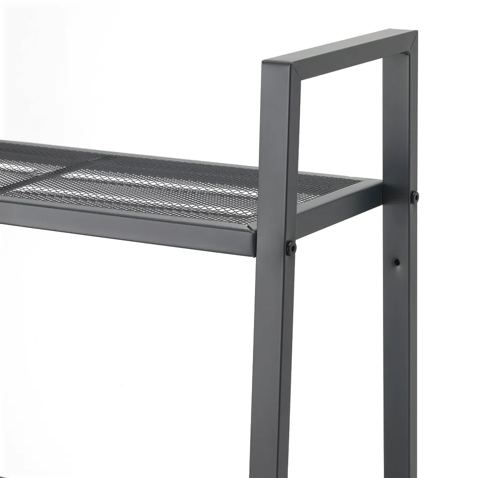 Modern metal shelf, quality design. Dark grey, sturdy, perforated shelves.