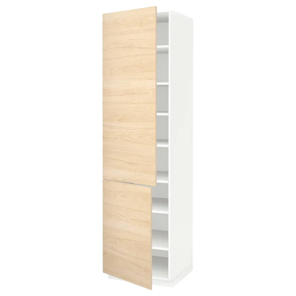 Modern white and light wood tall cabinet with adjustable shelves.