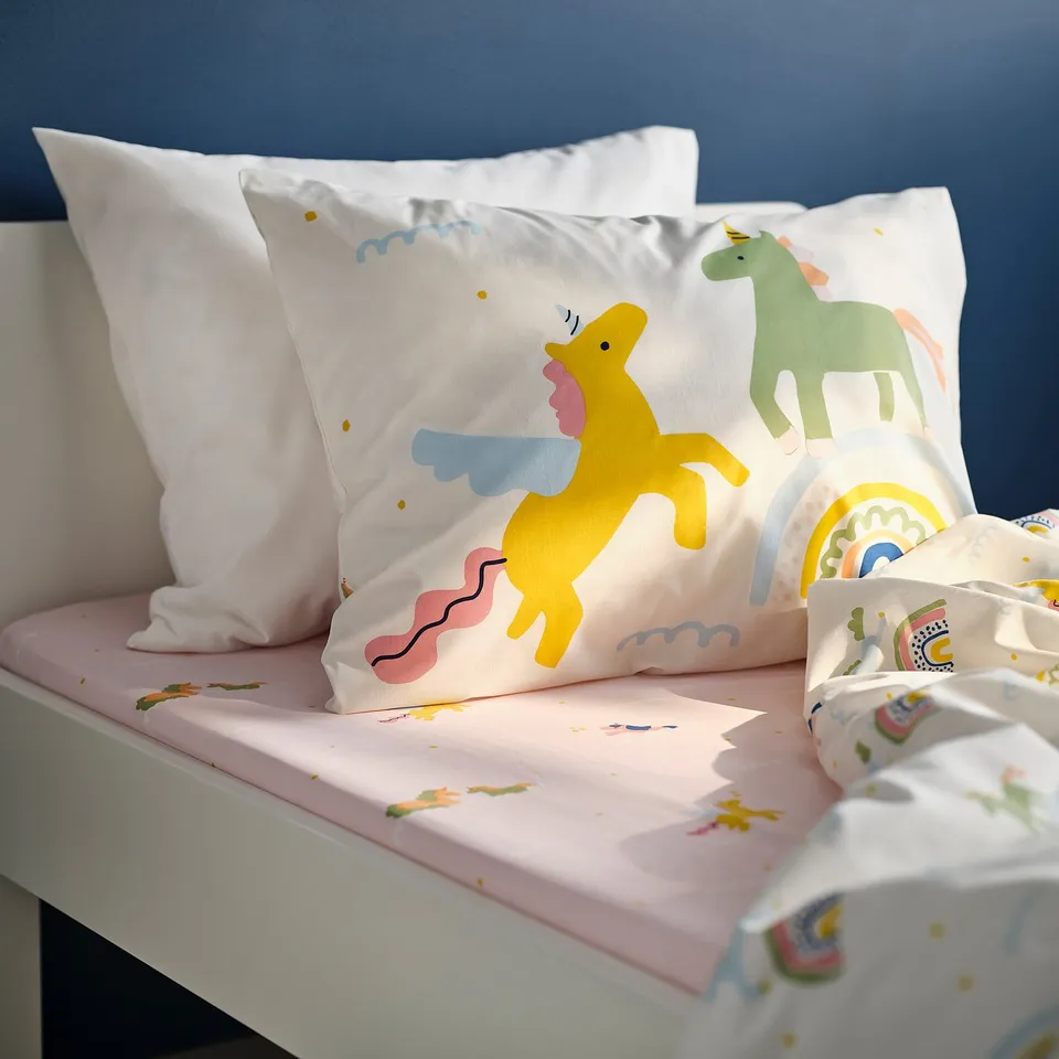 BARNDRÖM Fitted sheet, pink/unicorn pattern, 90x200 cm