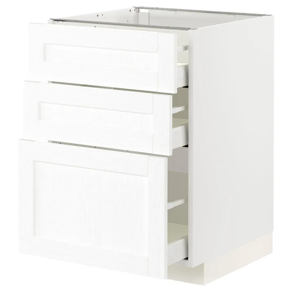 White ikea METOD kitchen cabinet with full-extension drawers, classic design, subtle grain.