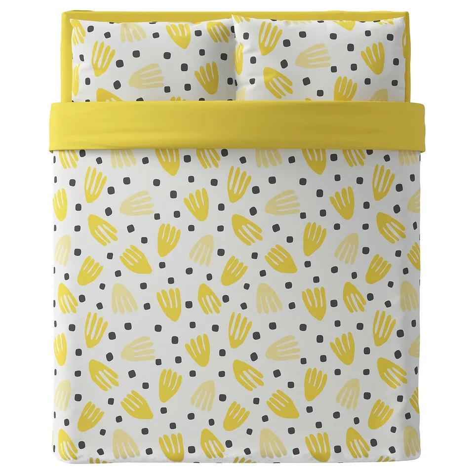 BRUKSVARA bedding: yellow hand prints on white with yellow border, soft polyester.