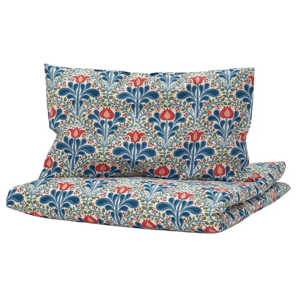 SÄTERVIDE Duvet cover 1 pillowcase for cot, white blue/floral pattern, 110x125/35x55 cm