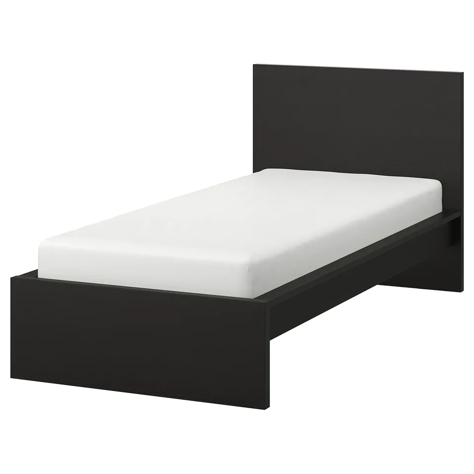Modern black single bed with high headboard and clean design, using wood veneer.