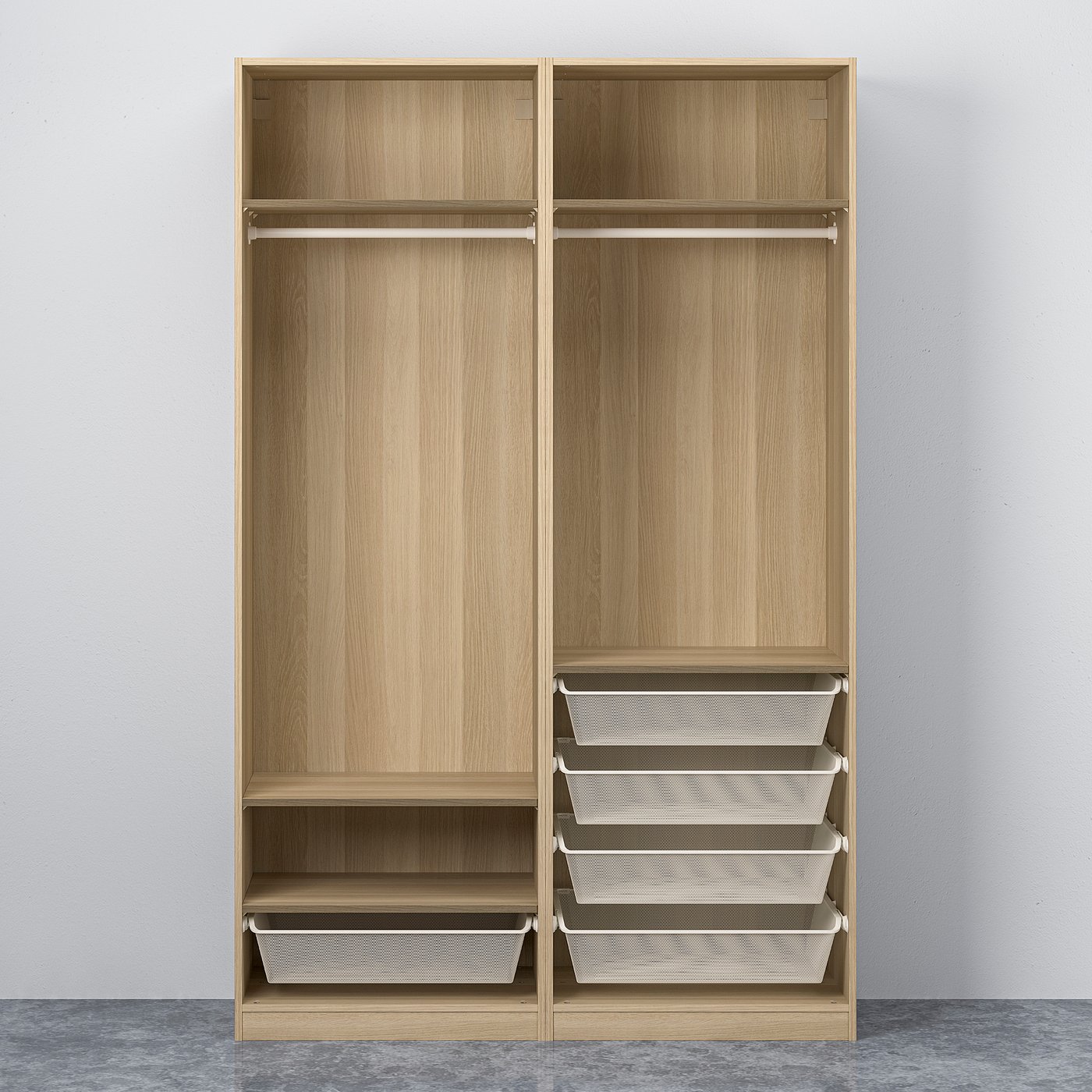 Wooden wardrobe with sliding doors, shelves, and mesh drawers for storage. Adjustable feet and soft-closing doors.