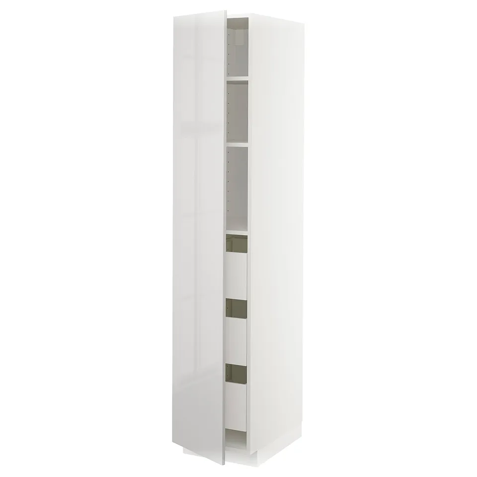 A white tall cabinet with a high gloss finish. It multiple shelves, both open and behind green-tinted glass doors.
