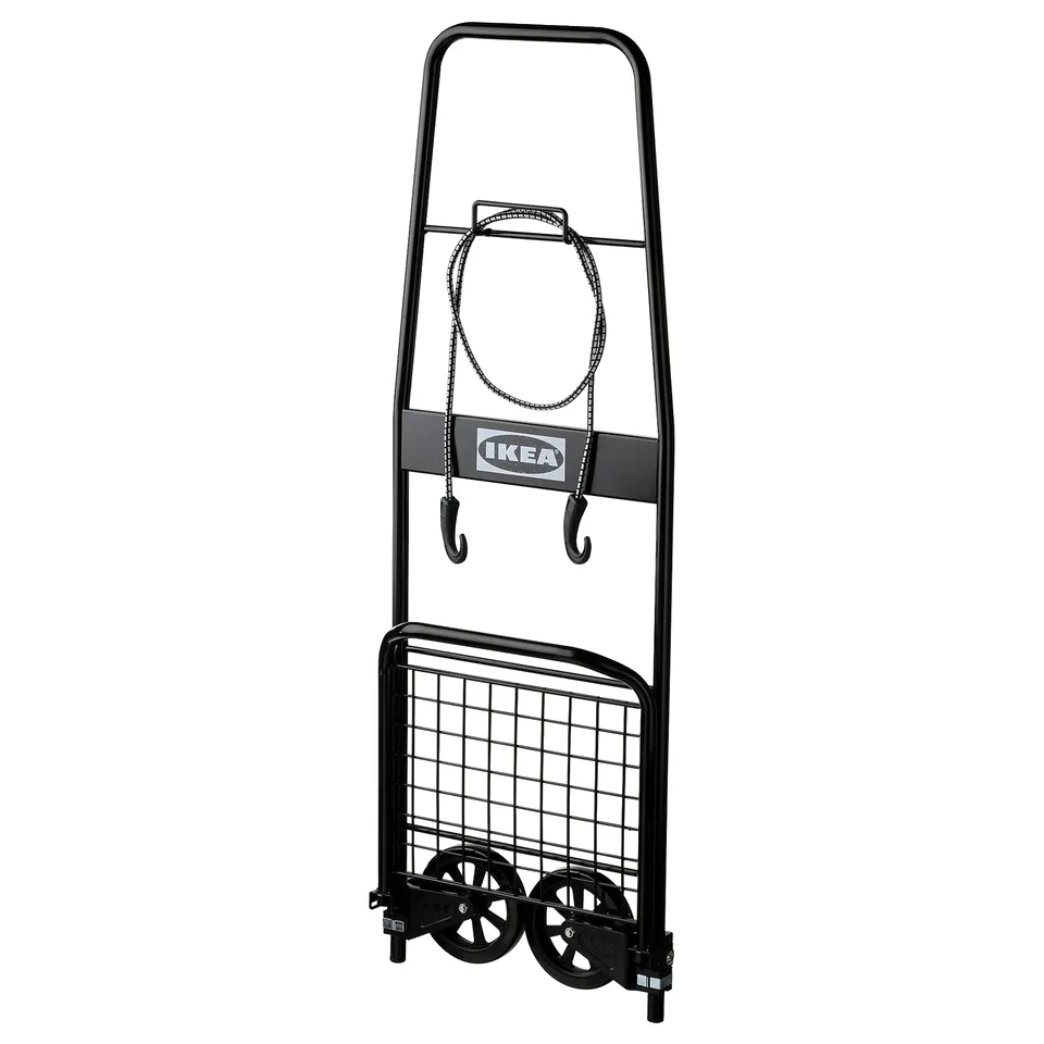 Ikea RULLEBÖR black trolley with wheels, hooks, and mesh platform.