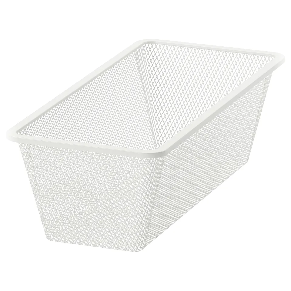 A white JONAXEL mesh storage basket, rectangular and open-topped, made of coated steel, designed for organising and air circulation.