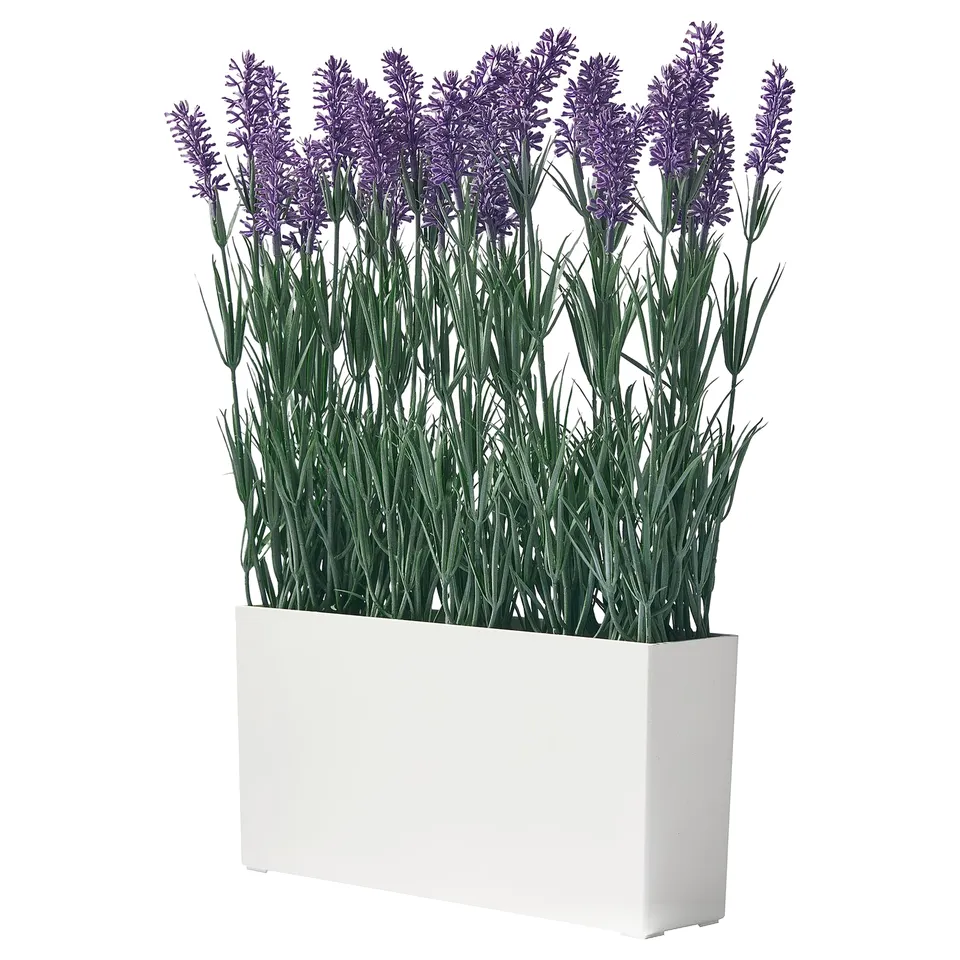 FEJKA white artificial planter with purple, spike-shaped flowers. Rectangular, made of recycled plastic.