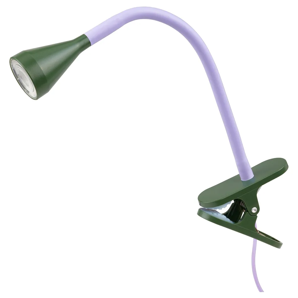 A NÄVLINGE clip-on lamp in green and purple, featuring an adjustable neck and a conical shade.