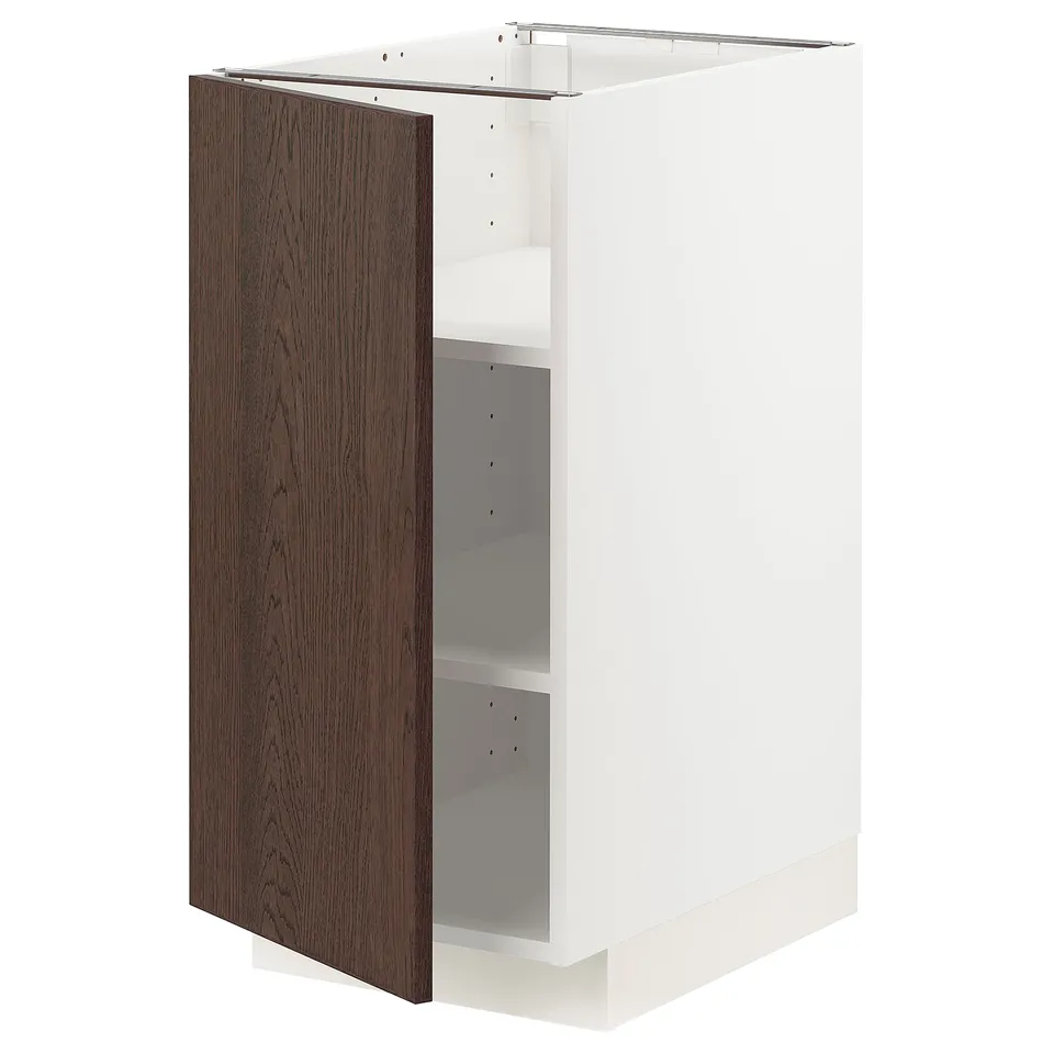 Modern kitchen cabinet: METOD in white & brown wood, open design.