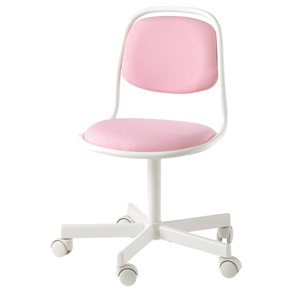A pink and white office chair named ÖRFJÄLL with a curved back and adjustable height, designed for comfort and durability.