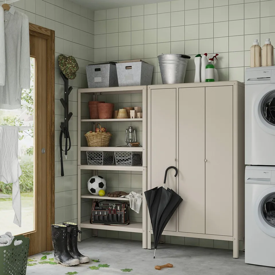KOLBJÖRN Shelving unit with cabinet, beige/outdoor indoor, 171x37x161 cm