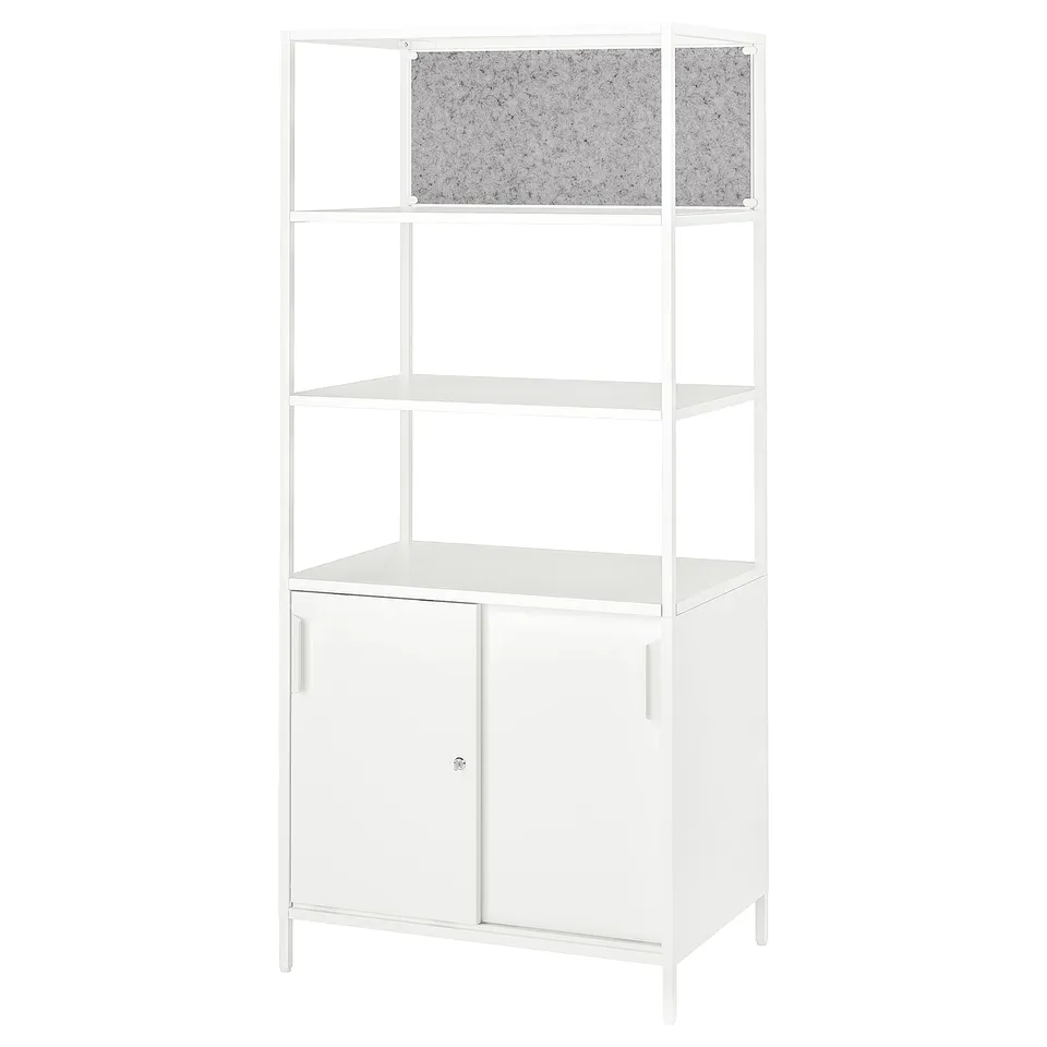 A white TROTTEN cabinet with open and closed storage, featuring a backboard. Its freestanding and designed for versatile use, such as room division.
