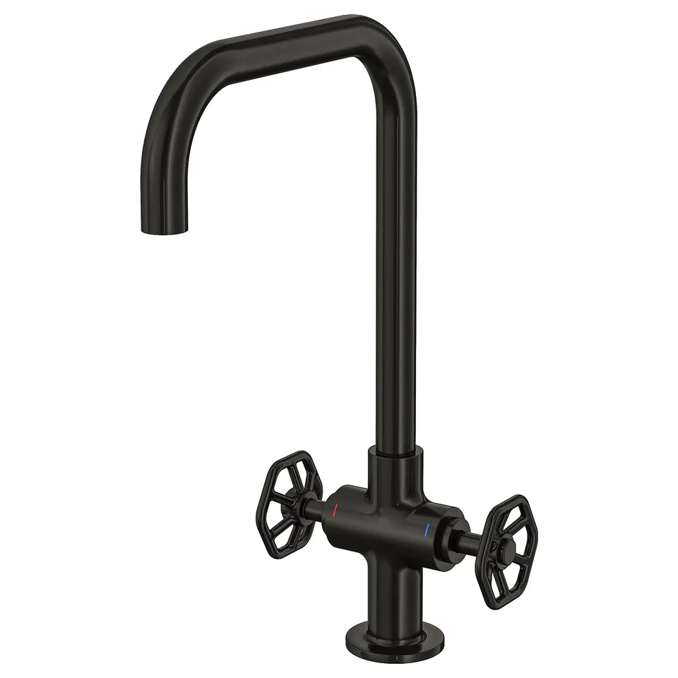 Black GAMLESJÖN tap, tall curved design, brass material, two wheel handles.