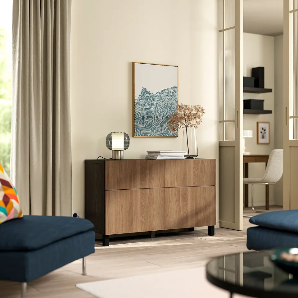 BESTÅ Storage combination w doors/drawers, black-brown Lappviken/Stubbarp/brown walnut effect, 120x42x74 cm