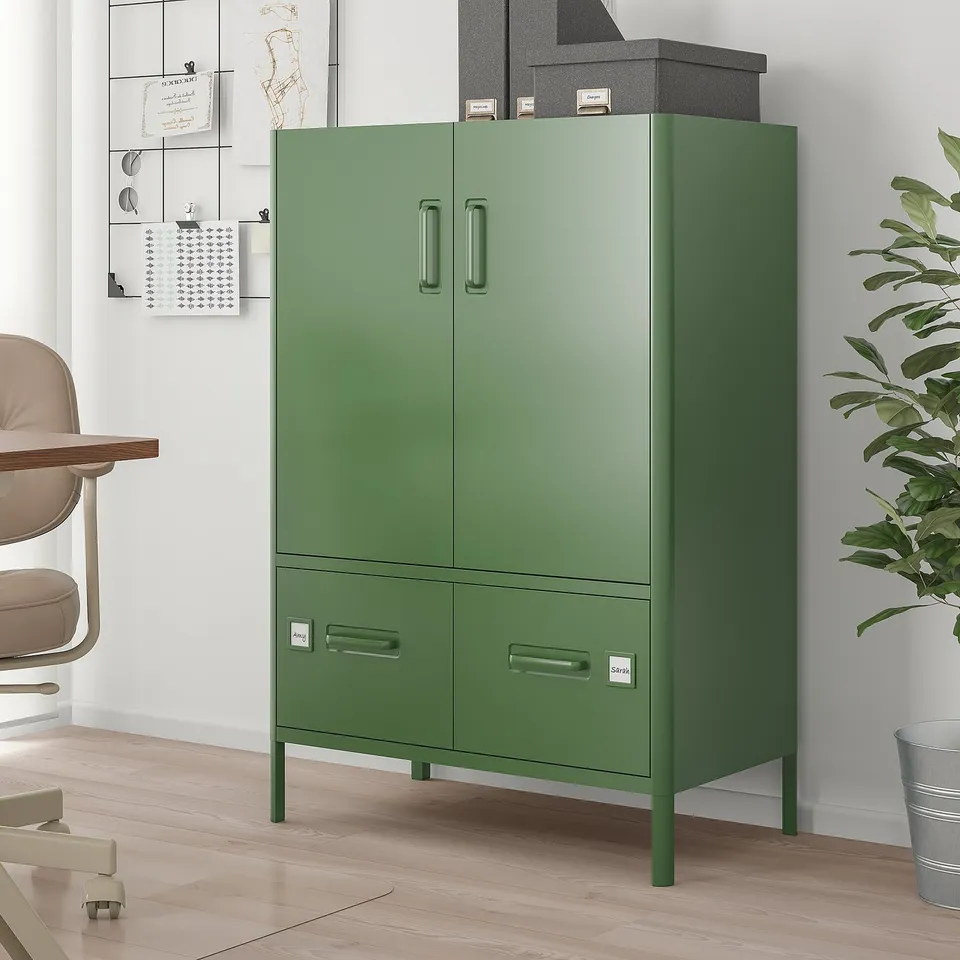 Green IDÅSEN cabinet with 2 drawers & doors, metal, modern design, fits well in office space.