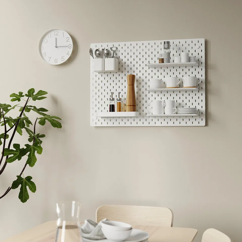 SKÅDIS pegboard with kitchen items and clock