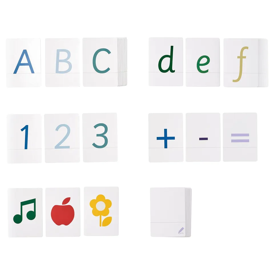 UNDERHÅLLA alphabet cards: blue, green, yellow, red. Grid layout with letters, numbers, symbols. Kids educational toy.