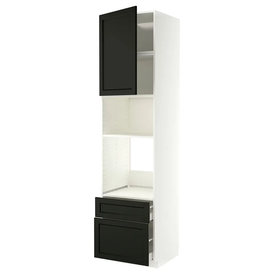 METOD kitchen: white cabinet with black stained ash drawers and door, bevelled edges, sleek design.