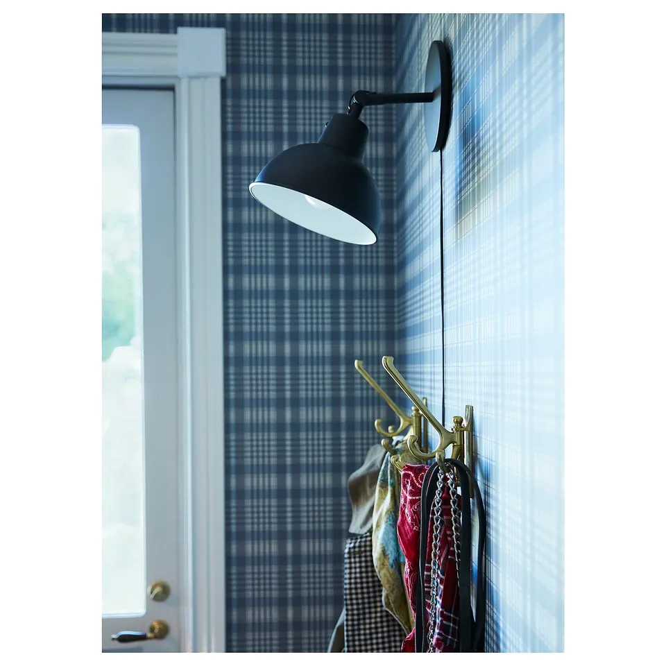 Black wall lamp above golden hooks with hanging items. Plaid blue wall, white door.