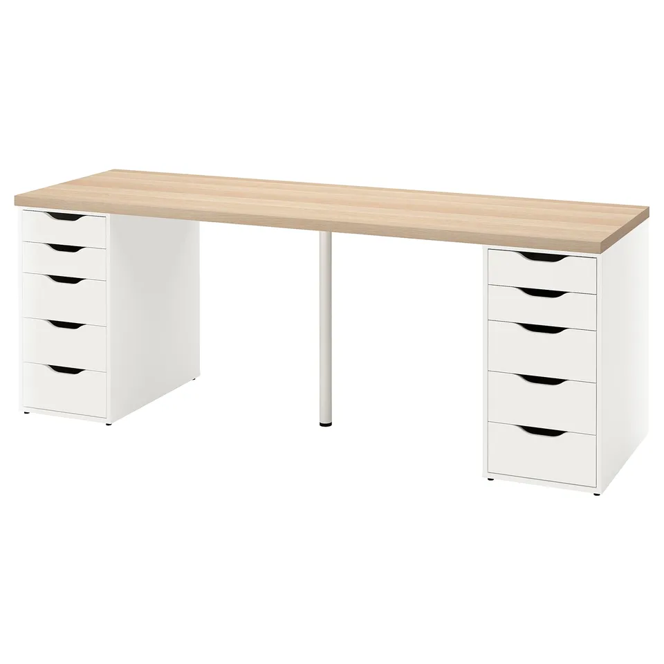 A white LAGKAPTEN desk with a light wooden top and four drawers on each side. The desk is rectangular and has a minimalist design.