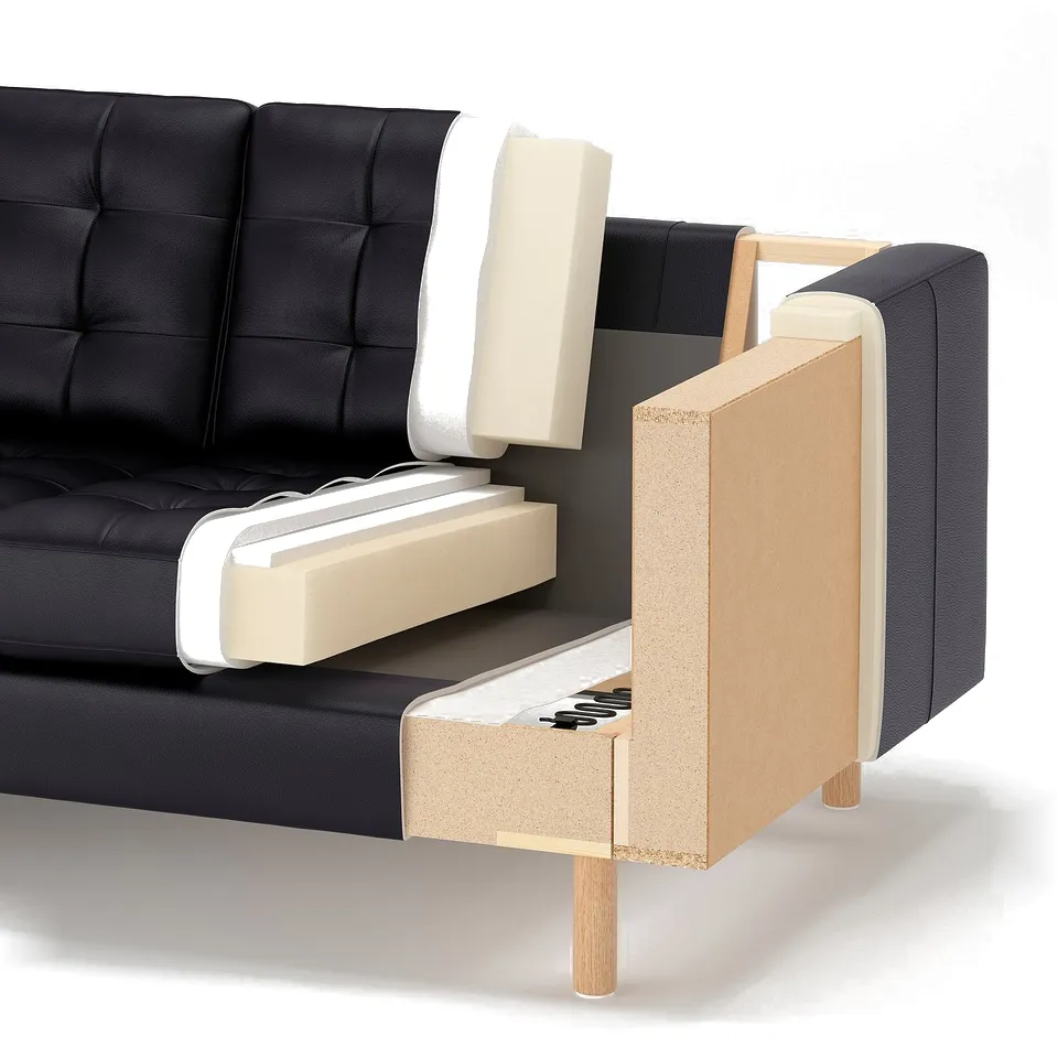 Sofa cutaway: outer fabric, foam layers, plywood, solid wood, springs.