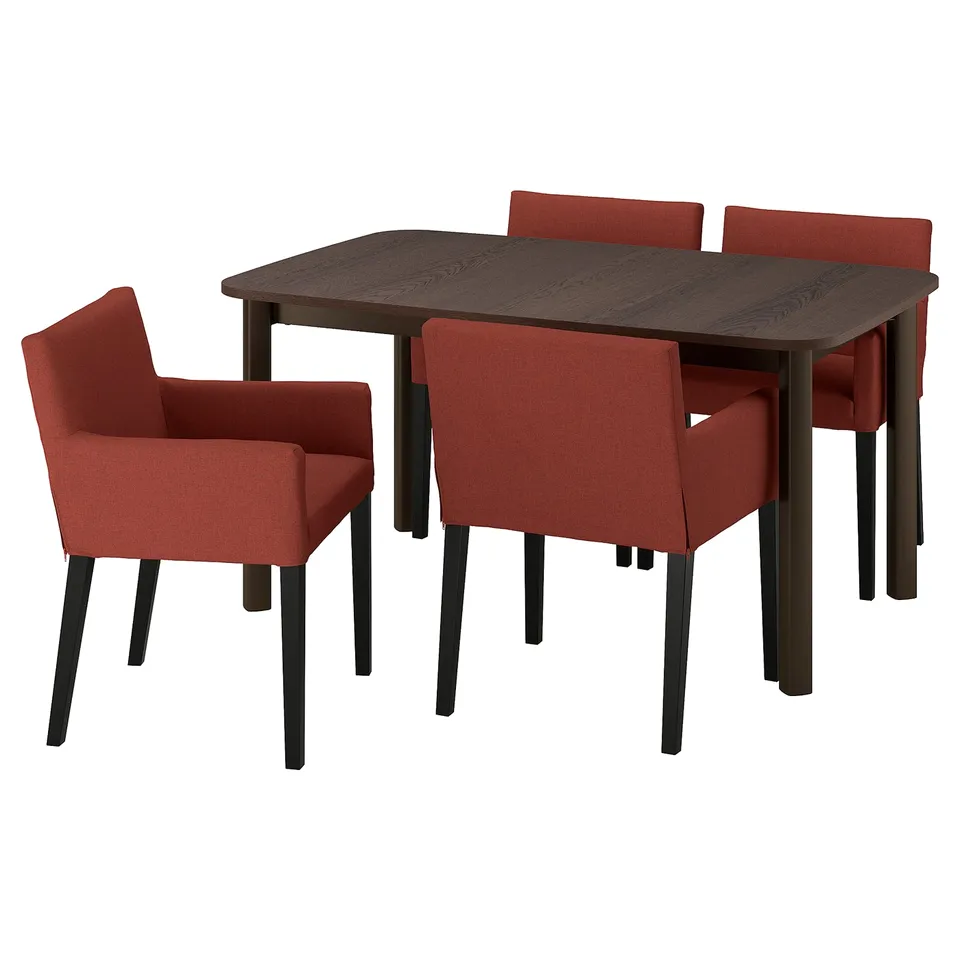 A STRANDTORP dining set with a dark brown rectangular table and four red cushioned chairs with black metal legs.