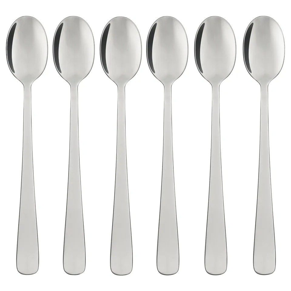 Image displays six silver metal spoons, arranged neatly in a row. Simple, sleek design. Made of durable stainless steel.