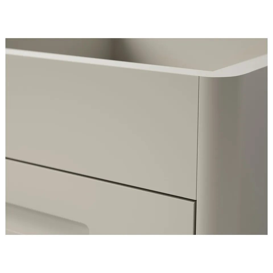 Modern, white cabinet with sleek, smoothly closing drawers.
