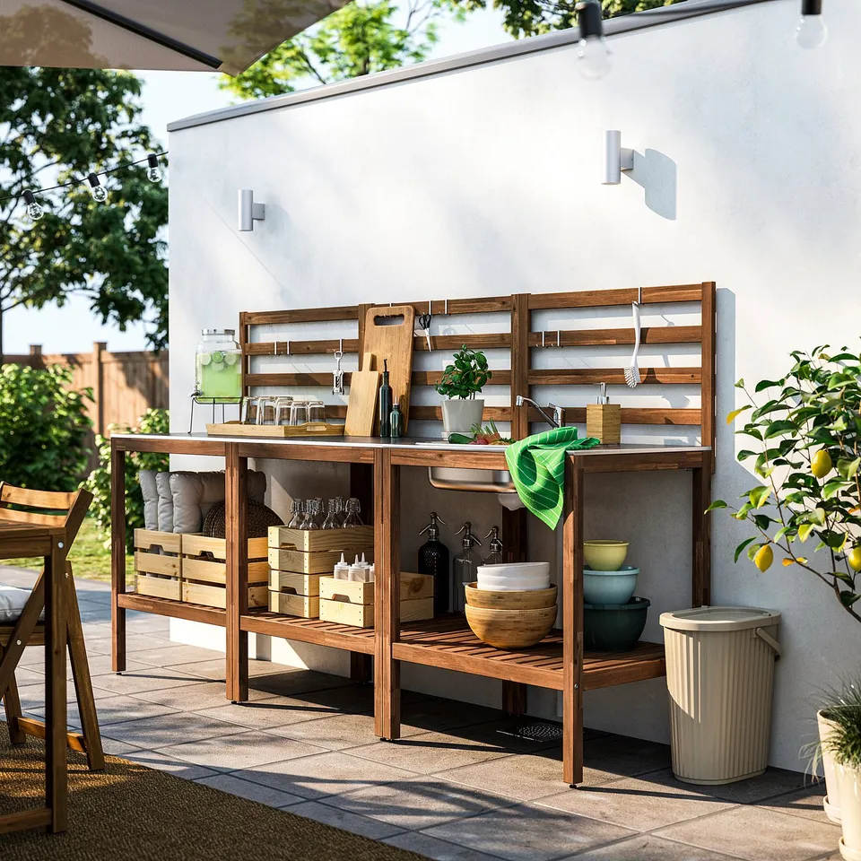 NÄMMARÖ Kitchen with sink unit, outdoor, light brown stained/stainless steel, 240x62 cm