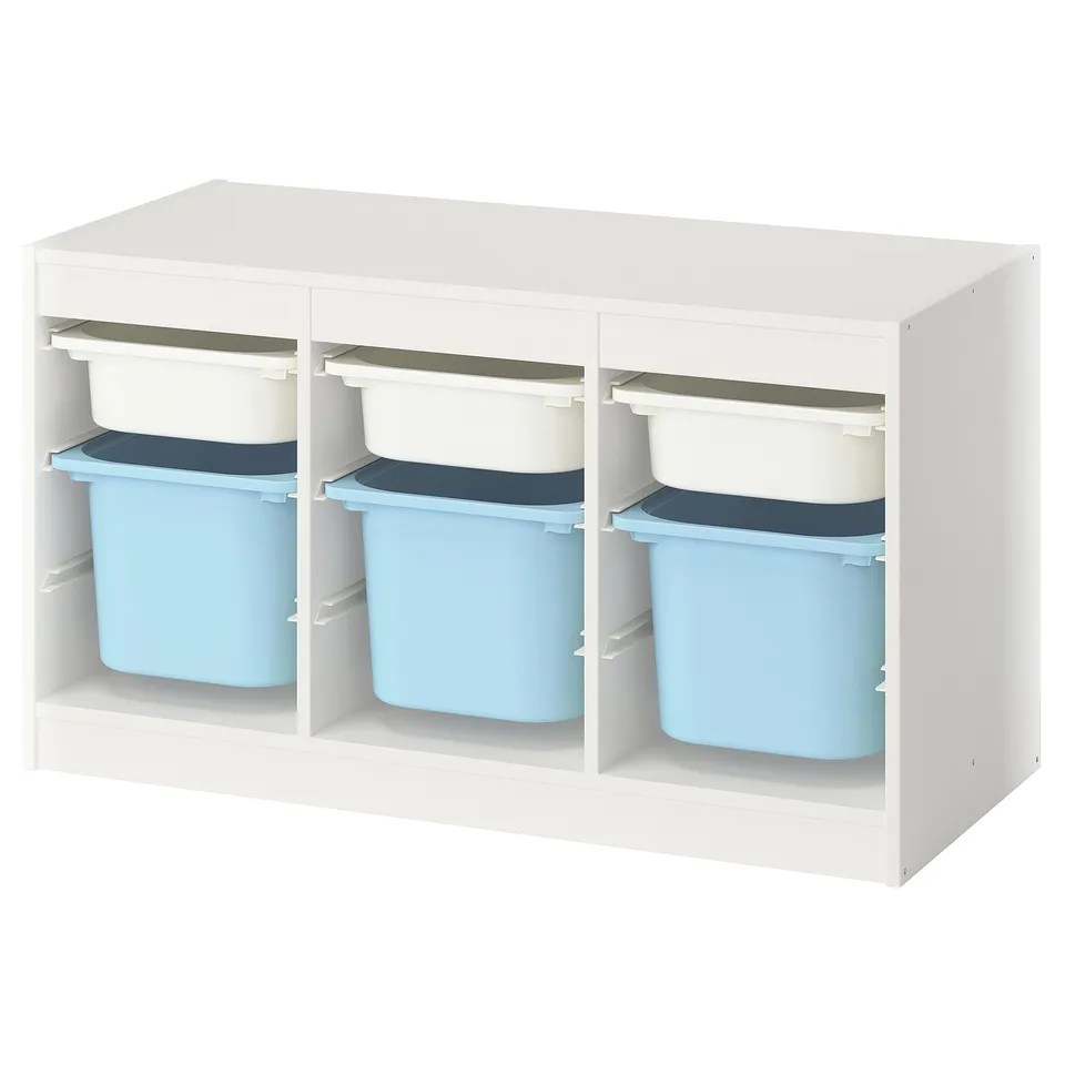 TROFAST white storage: 3 blue bins, 3 white boxes. Rectangular, modular design.