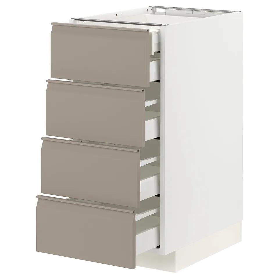 Grey-beige METOD kitchen cabinet, modern, multiple drawers.