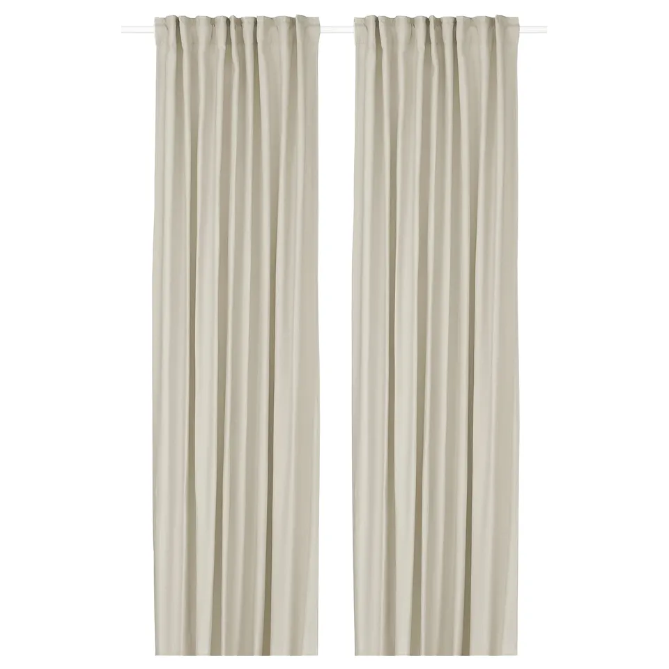 Two beige GINSTMOTT curtains hang straight, with rod pocket design, durable and eco-friendly, providing dim light and privacy.