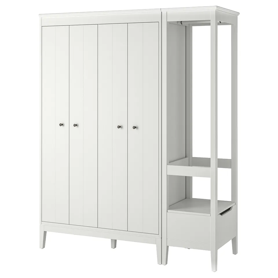 A white IDANÄS wardrobe with bifolding doors and adjustable shelves for organised storage.